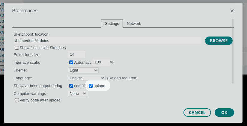 A screenshot of the enabled verbosity settings in the Arduino IDE